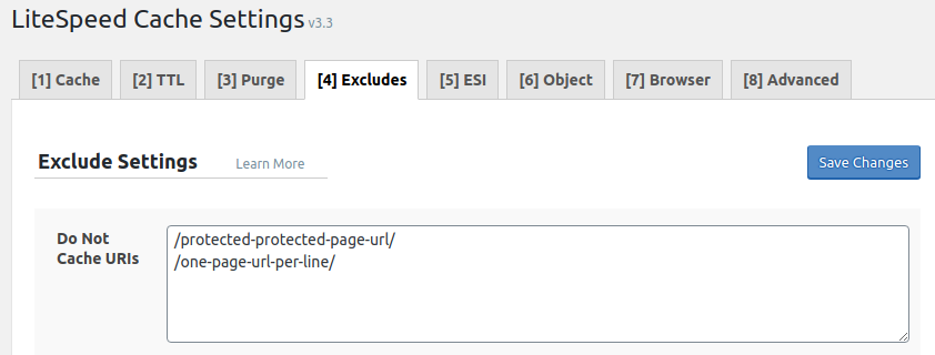 litespeed cache: exclude pages