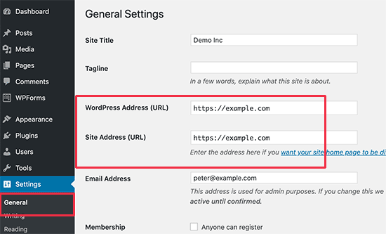 Edit WordPress address and site address