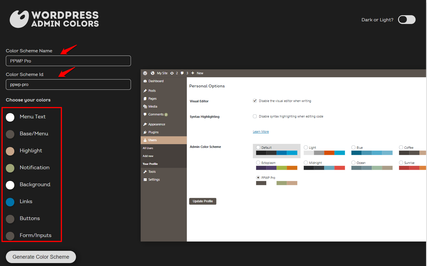 PPWP Pro: Name WordPress custom admin color scheme