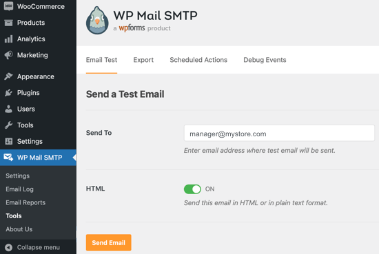 wpmail smtp test email