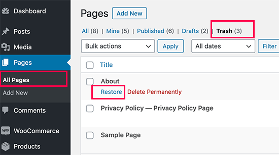 restore deleted wordpress page from trash