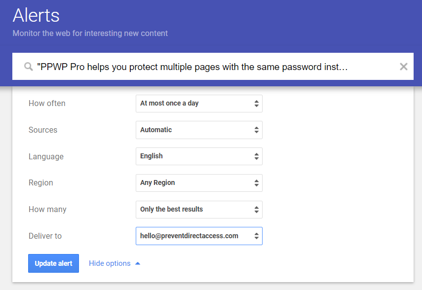 PPWP Pro: Create Google Alerts to find copied content