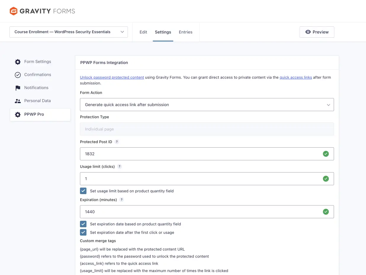 Password protected WordPress content - PPWP Pro Forms Integration settings inside a Gravity Forms form